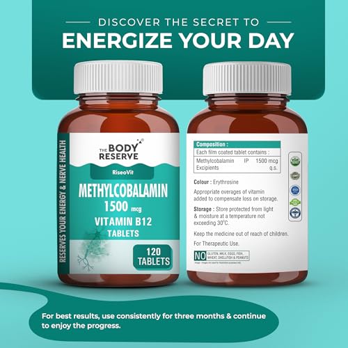 Image of THE BODY RESERVE Vitamin B12 Tablets 1500 mcg as Methylcobalamin Vitamin B12 Supplements for Men & Women -120 Veg tablets (4 Months Supply Pack)
