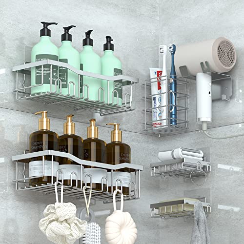 Chempfr Shower Caddy [6-Pack] Rustproof Shower Shelf, Bathroom Organizer With Soap Holders, Toothbrush Holder, Hair Dryer Stand, Easy Installation For Home, Hotel, Dorm Use (Silver) #TOP27