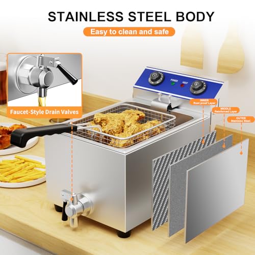 TAIMIKO Friteuse électrique Commerciale en INOX 2500W 6L avec Robinet de Vidange,Minuterie de 60 minutes Friteuse Professionnelle – Image 3