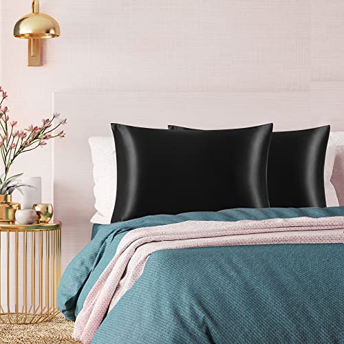 PiccoCasa Satin Pillowcases for Hair and Skin with Eye Mask and Scrunchie Soft Pillowcase 2 Pack Zipper Closure Silky Bed Pillow Covers Set for Sleeping Black 50 x 65cm - Image 2