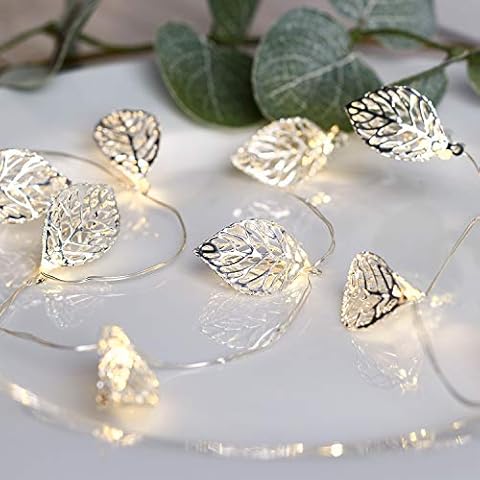 Lights4fun 20 LED Silver Metal Filigree Leaf Garland Micro Lights Battery Timer 1.5m Cover