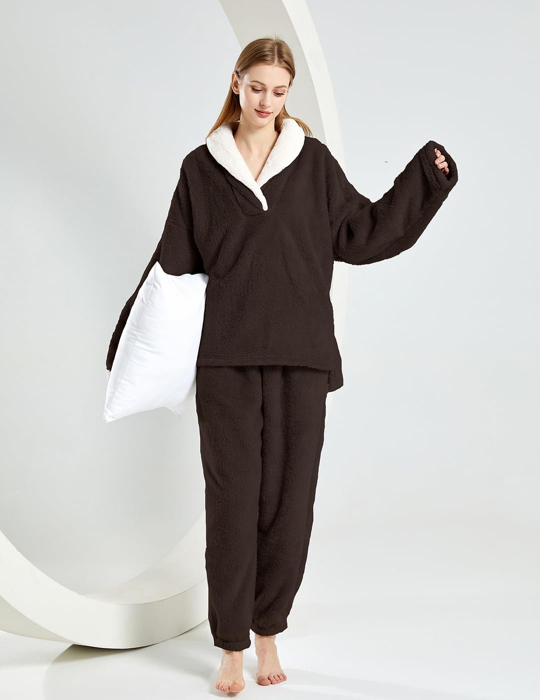 Women's Fluffy Loungewear Sleepwear Lounge Casual Pajamas Sets Loose Long Sleeve Fleece Pullover and Pants Set - Image 5