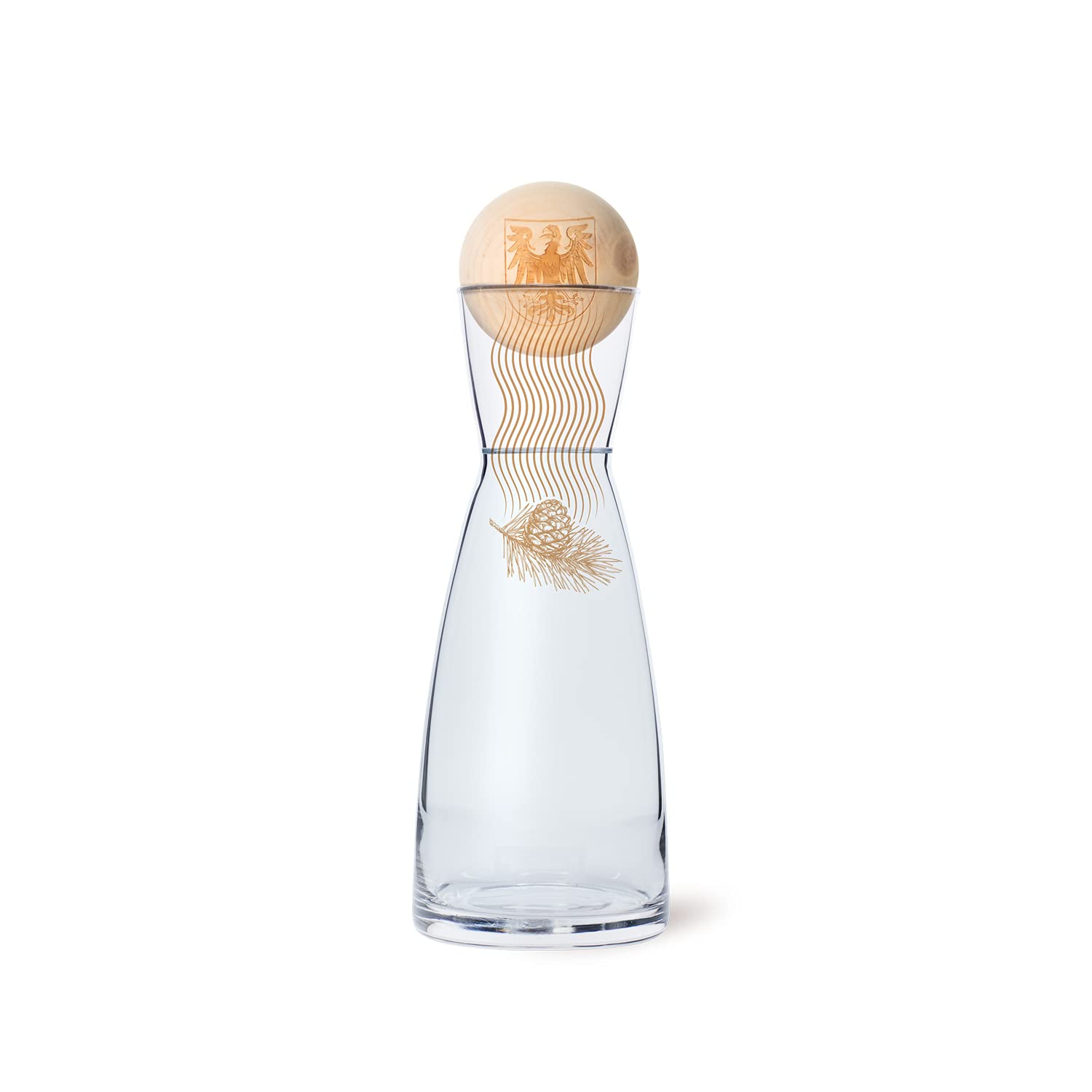 Zirben Familie® Il set originale di palline di pino cembro con caraffa per acqua | dona all'acqua un tocco speciale | 1 litro di caraffa in vetro di cristallo con coperchio in legno di cembro |