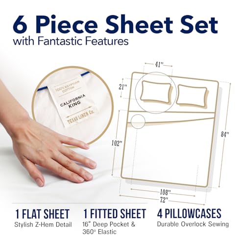 Image of TEXAS LINEN CO. 100% Egyptian Cotton California King Sheet Sets - Luxury 1000 Series Lonestar Lovin' Collection Cal King Sheet Set (6 PC, Light Blue), Soft, Cooling, 16 inch Deep Pocket Hotel Bed Sheets