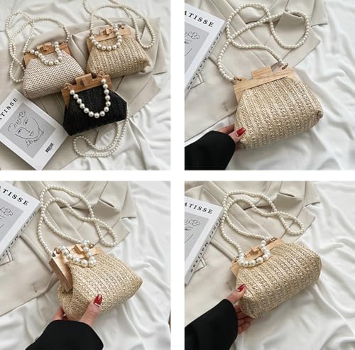Women’s Straw Shoulder Bag Woven Beach Top Handle Handbag Purse Stylish Pearl Crossbody Bag for Summer Travel2