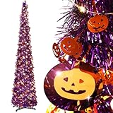 Cosiful 5Ft Pop-up Halloween Tree, Artificial Halloween Pencil Tree with 50LED Lights, Collapsible Tinsel Pop up Halloween Tree for Halloween Indoor Outdoor Patio Decoration, 3 AA Batteries Included