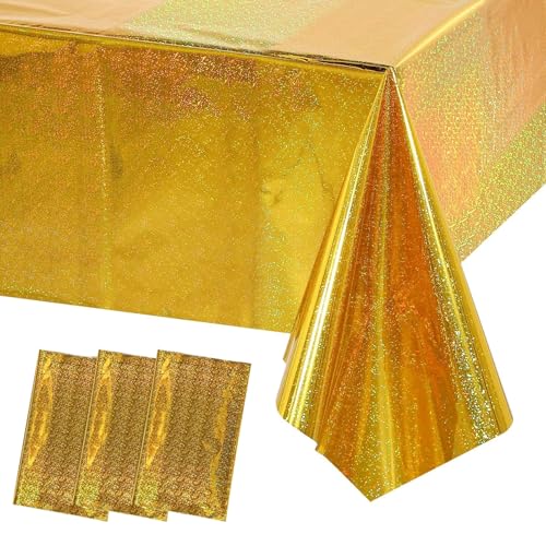MOMAHUA 3P Or Nappes Fête,Pailleté Nappes de Table Holographiques,137x274cm Rectangulaires Imperméable Nappe Iridescente Brillante pour Fête,Décoration...