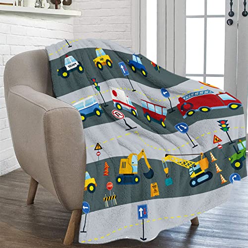Construction Throw Blanket For Boys, Soft Cozy Cartoon Cars Fuzzy Flannel Blanket Gift For Kids, 40 X 50 Inch Warm Transportation Fire Truck Fleece Blanket For Toddler Sofa Bed Couch Nursery Decor #TOP4