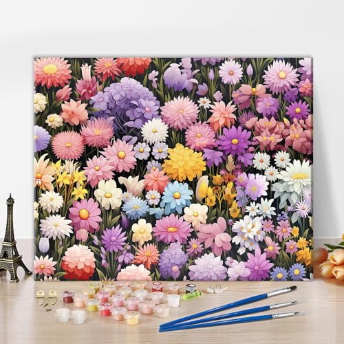 Malen Nach Zahlen Erwachsene Junior Blumenmalerei Malen-Nach-Zahlen Erwachsene Blumenfeld DIY Kits Faltenfreie Leinwand mit 3 Pinsel, 40x50cm