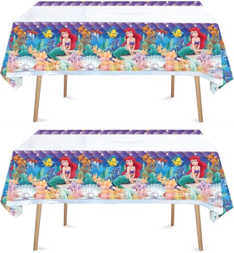 Little Mermaid Tablecloth, 2pcs Rectangular Plastic Table Cover, 70'' x 42'', Waterproof Birthday Party Supplies Decorations (2 Pack Blue Pink) 1