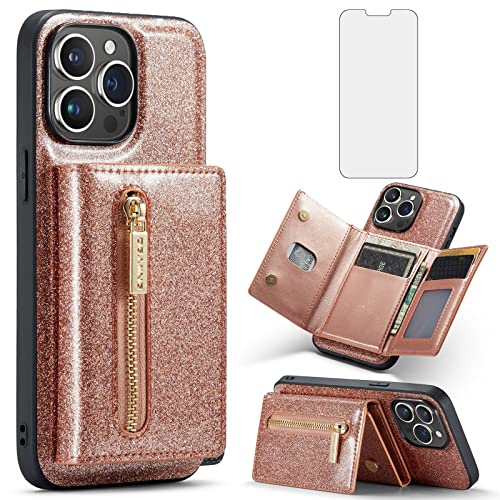 Coque iPhone 14 Pro pailletée or avec protège-écran en verre et porte-carte