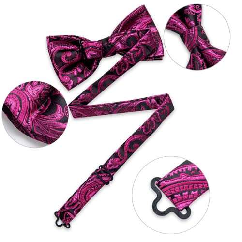 Image of DiBanGu Paisley Pre-Tied Bow Ties for Men Silk Adjustable Bowtie and Pocket Square Cufflinks for Wedding Party
