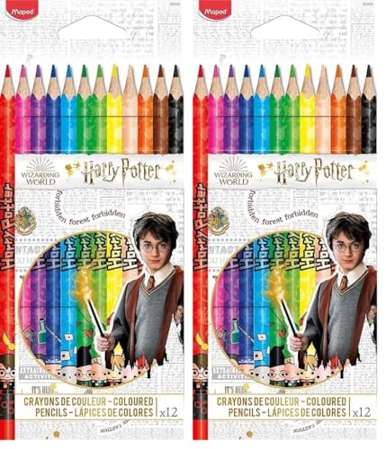 Maped - Pinturas de Madera - Colección Harry Potter - 12 Pinturas de Colores Decoradas con Diseño Lúdico - Minas Resistentes - Agarre Ergonómico - Fáciles de Afilar (Paquete de 2)