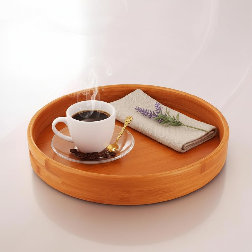 Deconox Taşıma Kulplu Yuvarlak Bambu Tepsi (30 cm) | Doğal Ahşap Servis Tepsisi | Kahve, Kahvaltı ve Dekoratif Masaüstü Organizeri