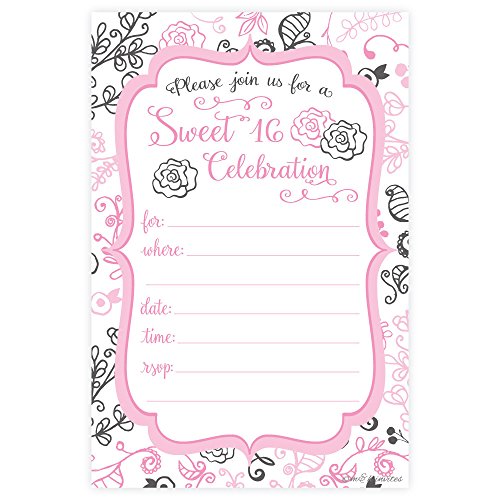 Sweet 16 Birthday Party Invitations - Fill In Style (20 Count) With Envelopes