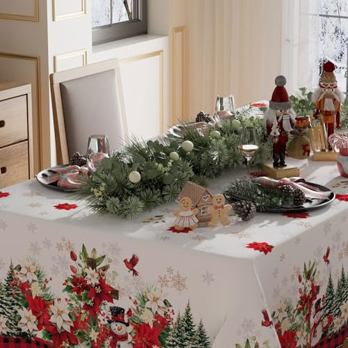 XCHI Red Plaid Poinsettia Winter Snowman Christmas Tree Tablecloth Rectangle Christmas Table Cloth Washable Table Covers for Indoor Dining Home Party Xmas Decorations 60x84 Inch – Image 4