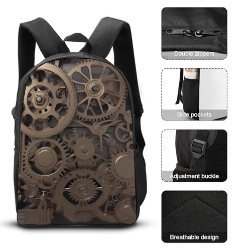 3 Piece Backpack for Women Men Lightweight Causal Daypack Shoulder Bag Set with Insulated Lunch Bag And Pencil Case Organizers Steampunk Mechanical Gears3