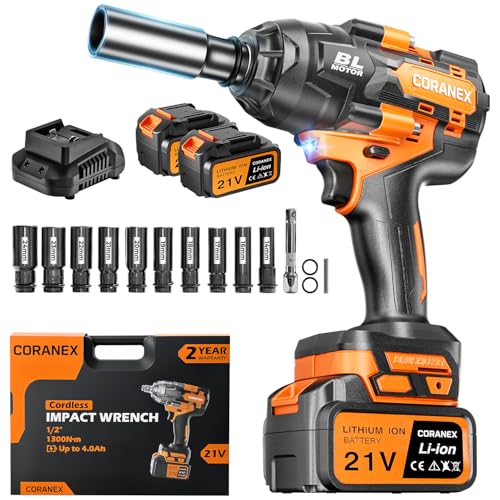 CORANEX 1/2' Cordless Impact Wrench | 1300N.m (960ft-lbs) | 2x4.0Ah Batteries - Longer Runtime |...
