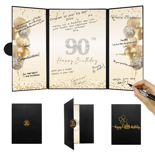 DARUNAXY Decorazioni per feste di 90° compleanno, in oro nero, libro degli ospiti alternativo per il 90° compleanno, per uomini e donne, regalo per 90 anni, biglietto per firma di compleanno,