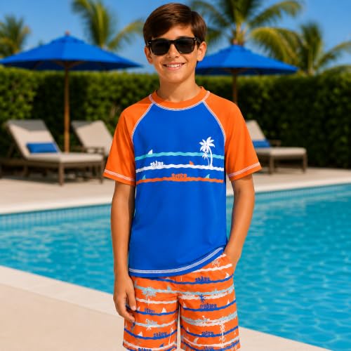 Image of iXtreme Boys Swim Set - 2 Piece Rash Guard Short Sleeve Swim Shirt and Boys Swim Trunks for Infants Toddlers & Big Boys