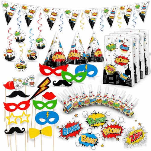 Serves 30 Complete Party Pack Super Hero Theme Birthday Party Hats Eye Masks Blowouts Treat Bags 20 DIY Photoprops 14 Swirls 2 Pennant Banners Backdrop Ideal for Superhero Theme Birthday party