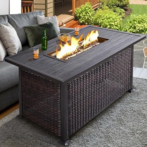 NOBLEMOOD 48 INCH Propane Fire Pit Outdoor Fire Table with Glass Beads, 50,000 BTU Gas Fire Pit Table w/Aluminum Table Top, Waterproof Cover for Outdoor, Patio, Garden, CSA Certification Cover