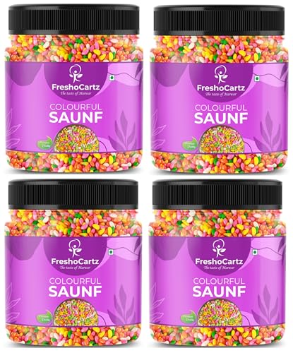 Image of FreshoCartz Sugar Coated Colourful Saunf | Sweet Colour Fennel Seeds For Cake Decoration | Mouthfreshner Fennel Saunf | Multicolour Saunf - Jar Pack (Sweet Fennel, 400g (Pack of 4))