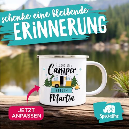 SpecialMe® Emaille-Tasse Camping Wohnmobil personalisiert mit Namen persönliche Geschenke für Camper Weiss-metall Emailletasse – Ansicht 3