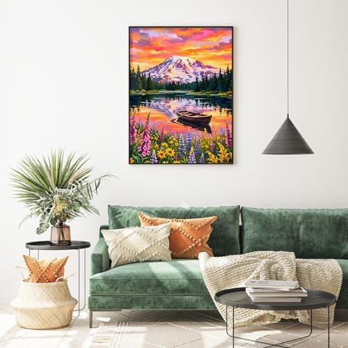 Mountain Lake Diamond Painting Kit for Adults, 5D Full Drill Sunset Landscape Diamond Art, Snowy Mountain Wildflower Lake DIY Gem Painting, Nature Wall Decor Gift for Beginners, 12 x 16 Inch
