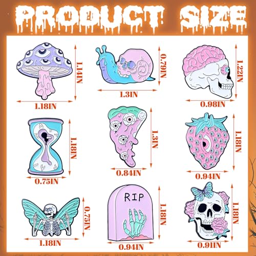 Image of 9 Pcs Spooky Enamel Pins for Backpack Punk Goth Skeleton Snail Decorative Lapel Pin for Jacket Hat