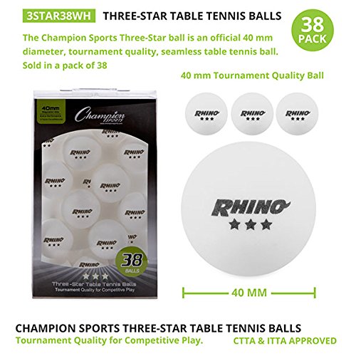 Champion Sports 3 Star Table Tennis Ball Pack, Tournament Size - White Ping Pong Balls, Set Of 38, With 40Mm Seamless Design - Professional Table Tennis Equipment, Accessories - Ctta And Itta Approved #TOP1
