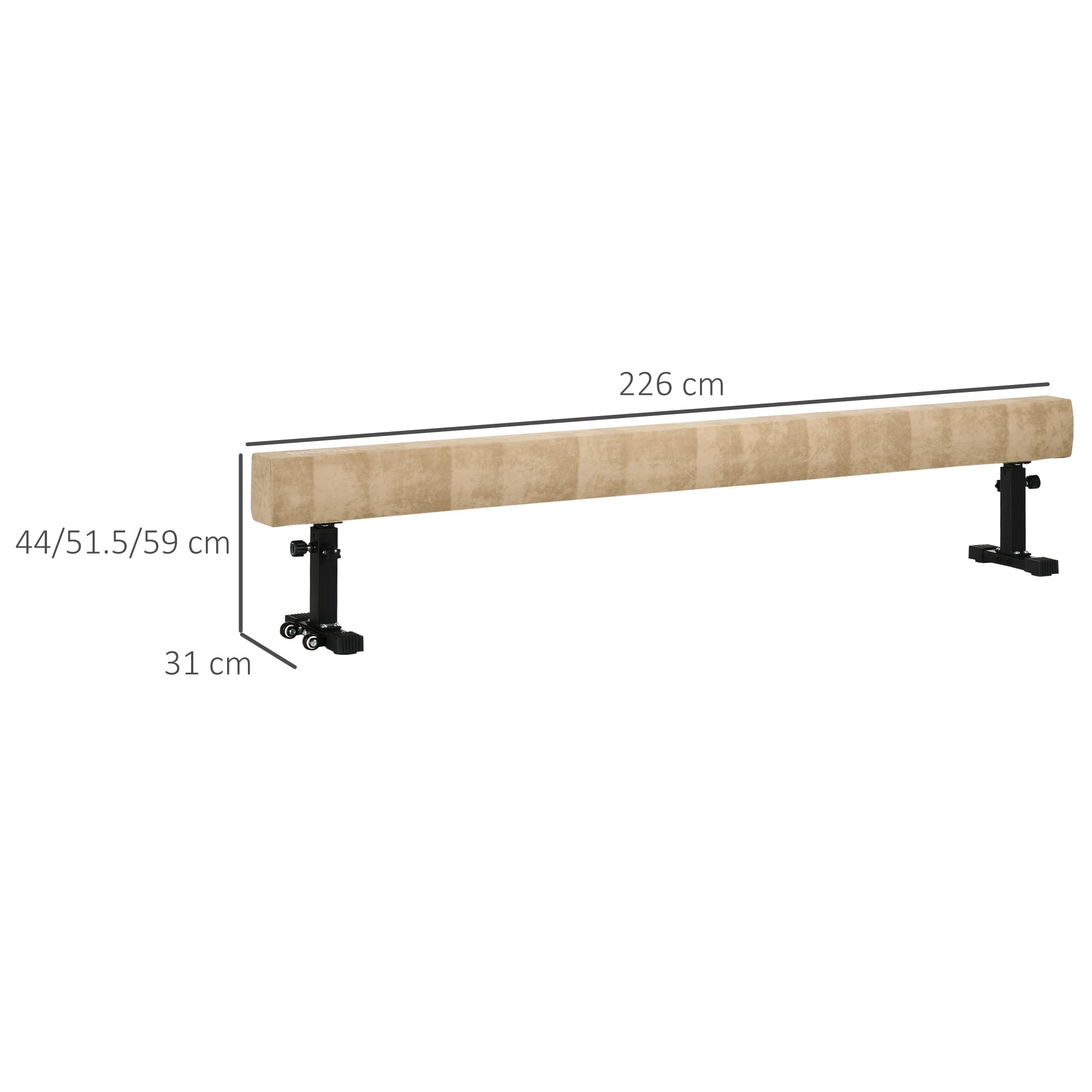 HOMCOM Trave Ginnastica Artistica da Casa con Altezza Regolabile, Ruote e Piedini Antiscivolo, per Bambini da 3-12 Anni, 226x31x59cm, Marrone