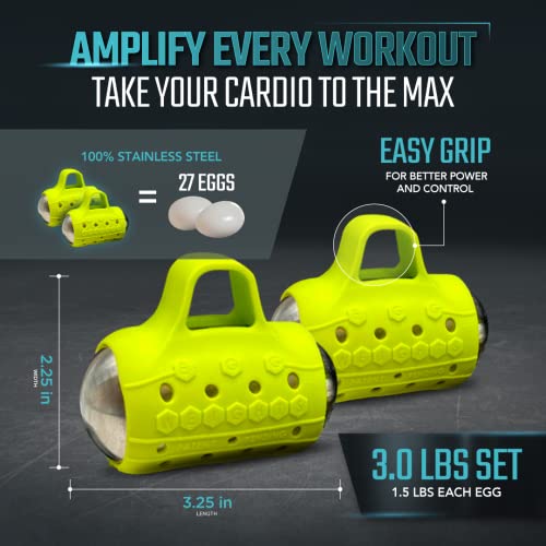 Image of Egg Weights Cardio Max 3.0 lbs. Stainless Steel Hand Weights Dumbbell Set with Anti-Slip Silicone Finger Loop for Workout, Fitness, Training for Men and Women - 2 Eggs, 1.5 lbs each + Free E-Book Workout Guide