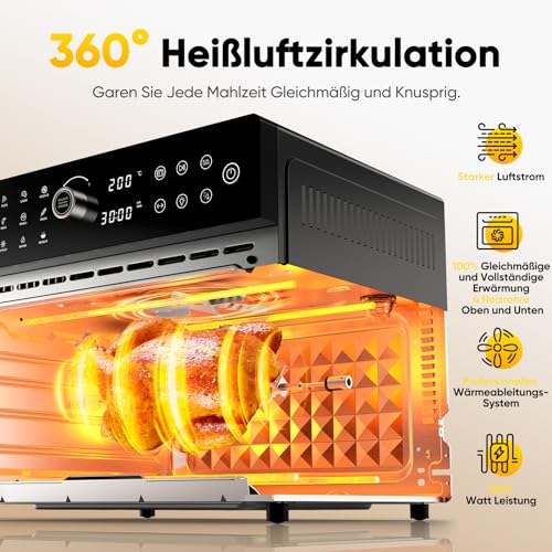 30L Heißluftfritteuse XXL Minibackofen mit LED-Touchscreen, Minibackofen mit Umluft mit 20 Programmen und Zwei Kochmodi, 1800W Heissluftfritteuse Air Fryer Oven ohne Öl, 8h Timer, Rezeptbuch,7 Anhänge – Bild 3