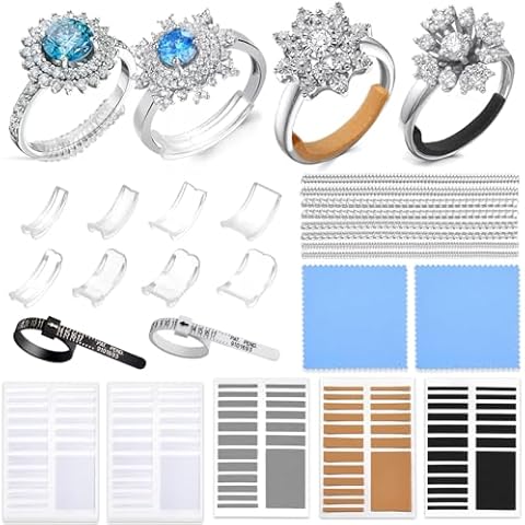 Anpro Ring Size Adjuster for Loose Rings- 110 Pcs Ring Size Adjusters Set Includes 8 Plug-in Invisible Ring Adjuster, 8 Spiral Silicone Tightener, EVA Invisible Sticker,Ring Size Measuring Tool Cover