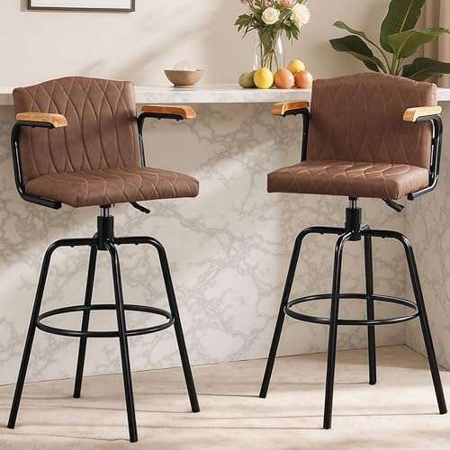 Butacos regulables giratorios VECELO, juego de 2, sillas de bar tapizadas en cuero sintético con respaldo y reposabrazos, estilo moderno con estructura de 4 patas para isla de cocina y bar