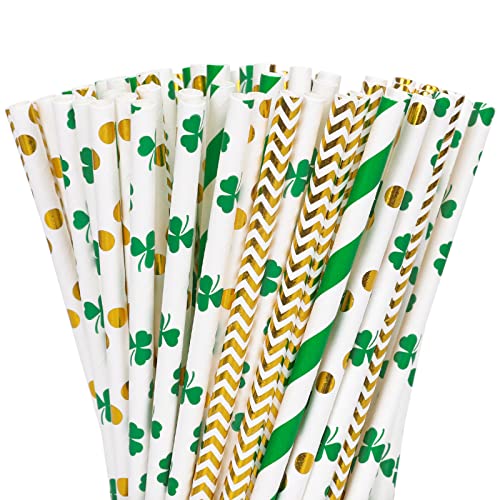 Whaline 100Pcs St Patrick's Day Paper Straws 7.7' Shamrock Wave Stripe Dot Disposable Paper Straws Irish Theme Paper Straws Green Gold Foil Straws for Juices Baby Shower Birthday St Patrick's Day