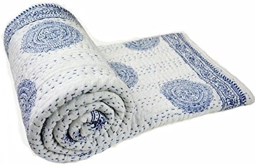 Crafts Creation Queen Size Kantha Quilt, Indian Kantha Quilt, White Cotton Blanket, Handmade Bedspread, Hand Block Print, 100% Cotton Bedspread Blanket Throw (Queen)