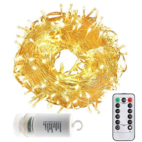 echosari 100ft/30m Warm White 300 LED Outdoor & Indoor Battery Fairy Lights w/Remote & Timer, Waterproof (8 Modes, 4 x AA Batteries, Dimmable, Clear Cable)