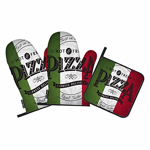 Samgula Pizza Oven Mitts and Pot Holders Sets Italy Sign Retro Poster Heat Resistant 3pcs for Cooking Baking BBQ