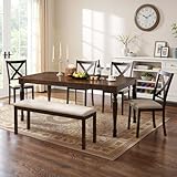 LUXOAK 6-Piece Farmhouse Dining Table Set, 71' Solid Wood Kitchen Table with 4 Upholstered Chairs and Bench, Large Dining Room & Kitchen Furniture Set, Brown & Black