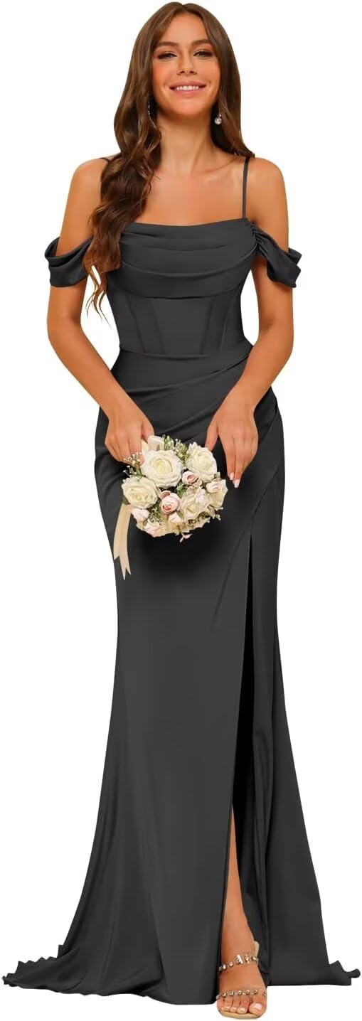 PUXIU Long Satin Bridesmaid Dresses with Silt 2026 Mermaid Formal Dress PUS046