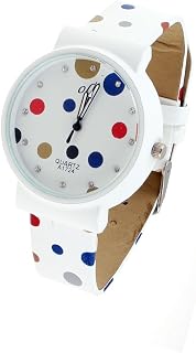 Qtqgoitem White Faux Leather Band Colors Dots Decor Round Quartz Watch for Women (Model: 5b6 1e4 b9b 04d 5a0)