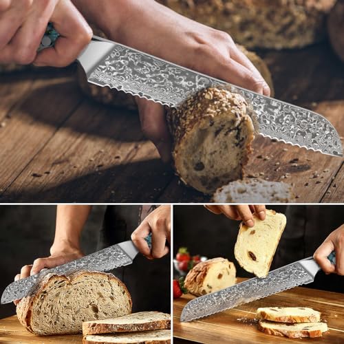 Home Safety Damascus Bread Knife, Serrated Knife 20cm Made of VG-10 Damascus Steel, Professional Kitchen Knifes with Ergonomic Abalone Shell Handle, for Home Restaurant, Gift Box - Image 4