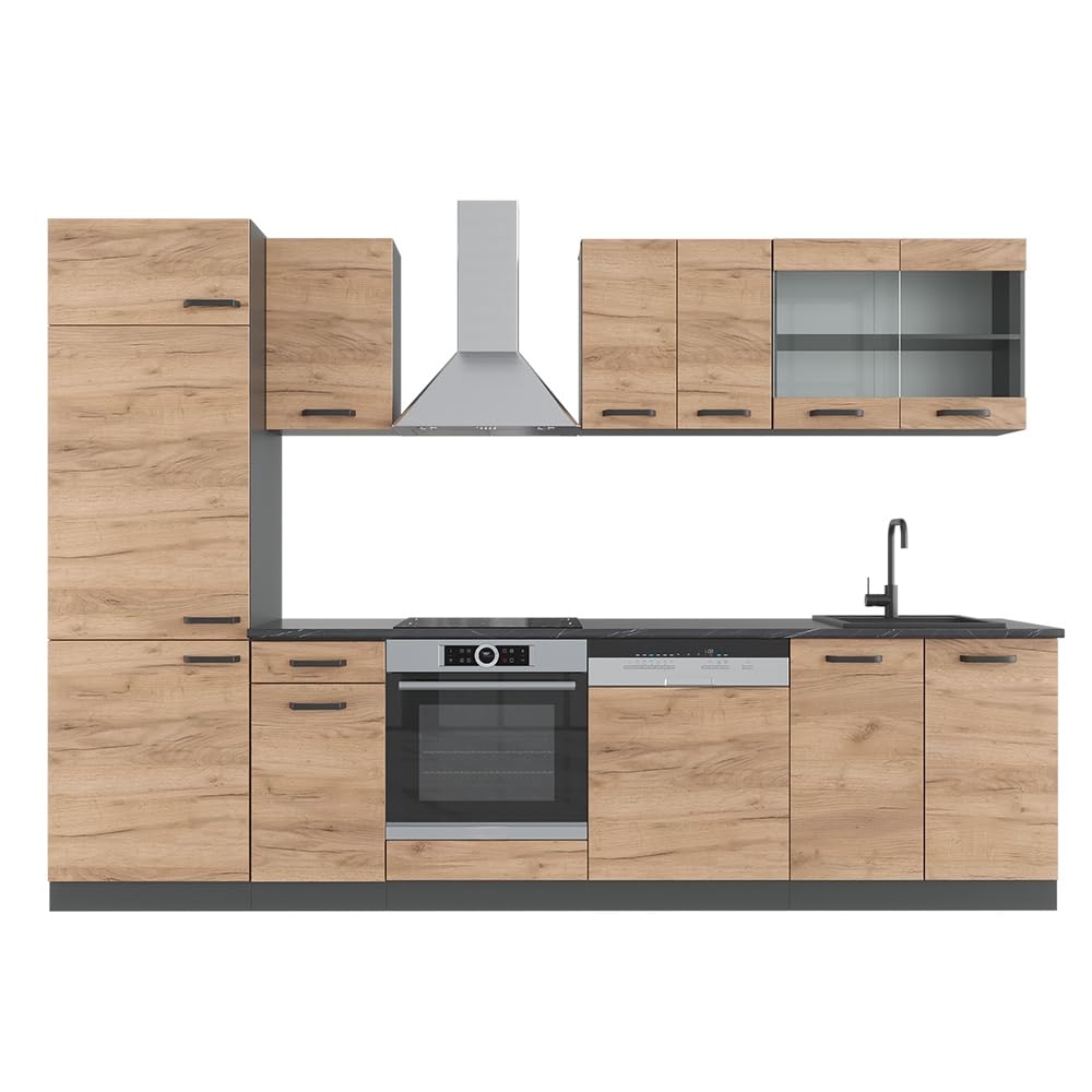 Vicco Cucina componibile R-Line, Rovere dorato/antracite, 300 cm | senza piano di lavoro, adatto per l'espansione personalizzata tramite moduli aggiuntivi