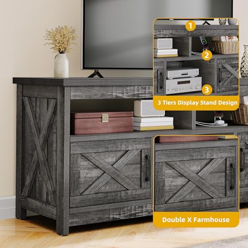 DWVO Farmhouse TV Stand for Television up to 65 Inch, Entertainment Center with Power Outlets and Open Shelf, Rustic TV Cabinet Media Console Table for Living Room, Dark Grey, 59 Inches