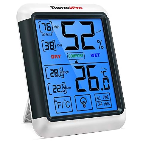 ThermoPro TP55 Digital Room Thermometer Temperature and Humidity Monitor with All Time or 24hrs Max and Min Records for Temperature and Humidity Baby Room Thermometer with Large Backlight Touchscreen Cover