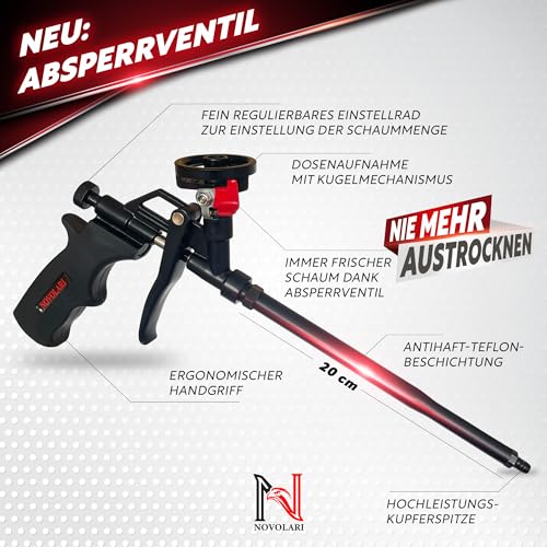 Novolari® PU Schaumpistole mit langlebiger Kupferspitze und selbstschließendem Ventil – präzise Ergebnisse ohne Reinigungsaufwand - Bauschaumpistole für maximale Haltbarkeit - Foam Gun