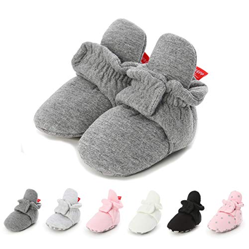 LAFEGEN Baby Booties for Boys Girls with Soft Lining Non Slip Gripper Newborn Infant Slipper Socks Toddler First Walker Crib Shoes 0-18 Months, 05 Dark Gray, 0-6 Months Infant