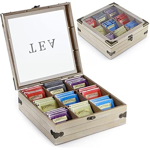 MOLIGOU Wood Tea Box Organizer, Tea Storage Chest with Glass Lid, 9 Compartments, Tea Bag Holder for Cabinet, Pantry Cover